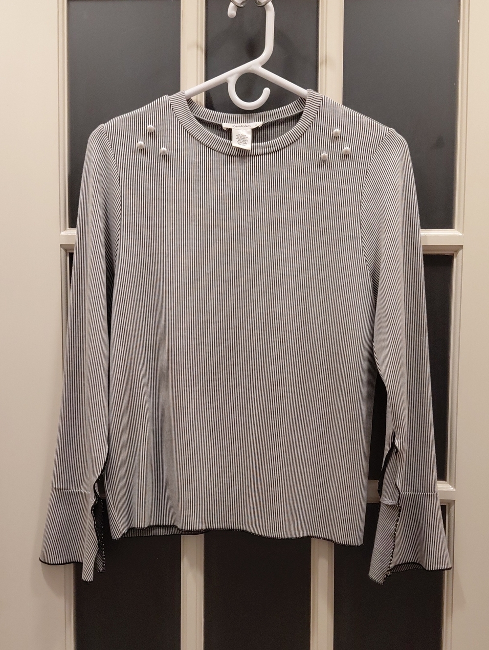 "Urban Romantics" Sz. S, Striped Long-Sleeve Crewneck Top with Pearl Detail....